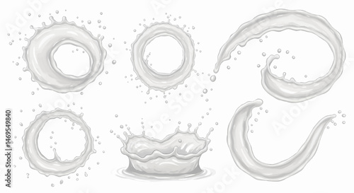 Seven dynamic splashes and swirls of opaque white liquid on a transparent white background, vector