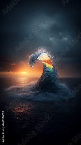 Epic rainbow wave, dramatic sunset, stormy sky