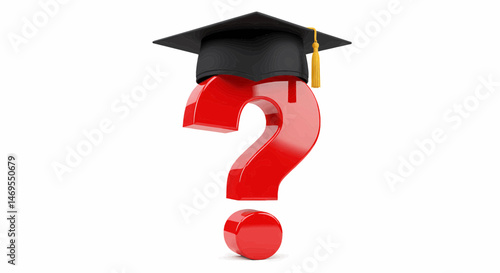 3D shiny red question mark with a black graduation cap on top. Vector illustration.