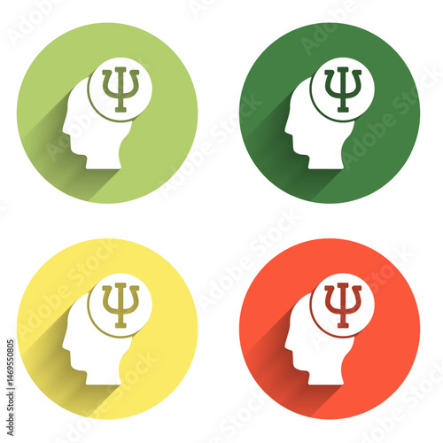 Set Psychology icon isolated with long shadow background. Psi symbol. Mental health concept, psychoanalysis analysis and psychotherapy. Color circle button. Vector