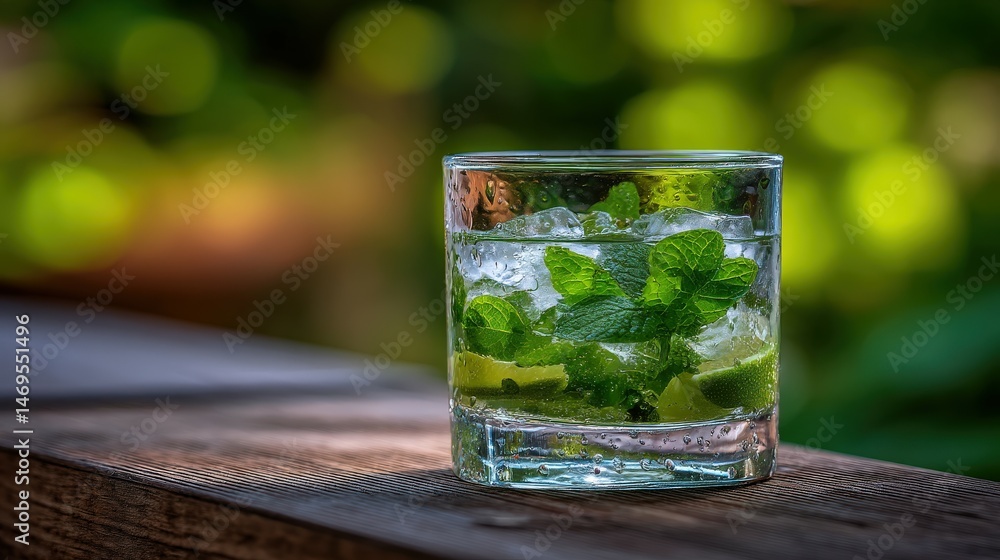 Refreshing mint drink in a glass on wooden surface Refreshing mint drink in a glass on wooden surface
