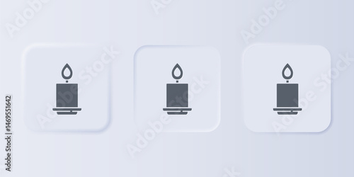 Grey Burning candle icon isolated on grey background. Cylindrical aromatic candle stick with burning flame. Happy Halloween party. Set icons in square buttons. Vector