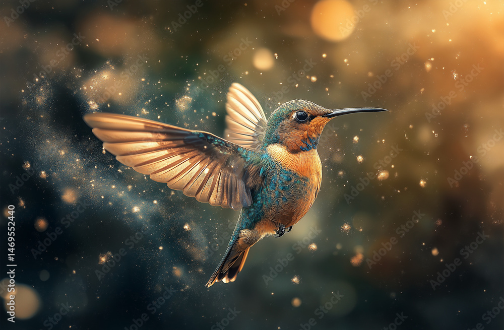 Naklejka premium A colorful hummingbird flying with its wings spread, captured in motion by the camera's fast shutter speed.