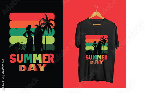 Retro Summer Day T-Shirt Design with Palm Trees Silhouette