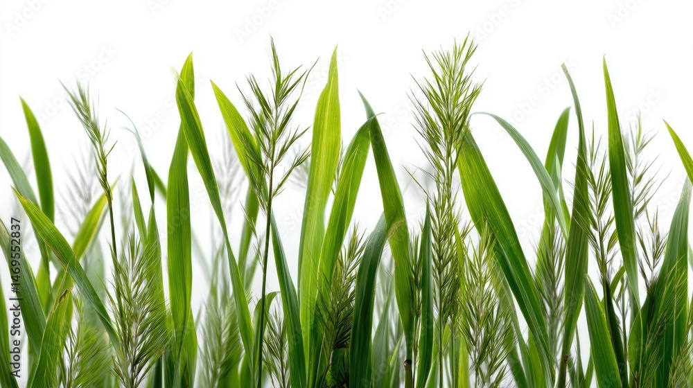 Naklejka premium Green grass blades in various lengths isolated on white, arranged organically