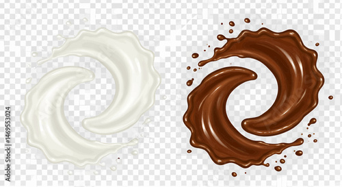 Two liquid sprays suspended in the air. Milk and chocolate on a transparent vector background.