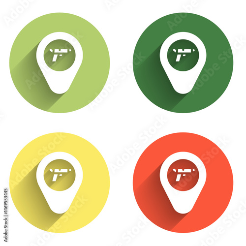 Set Location with weapon icon isolated with long shadow background. Color circle button. Vector