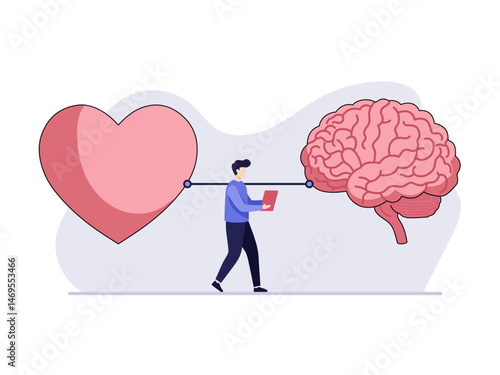 heart brain connection control feeling emotion logical thinking brain man connect plug heart brain concept illustration design