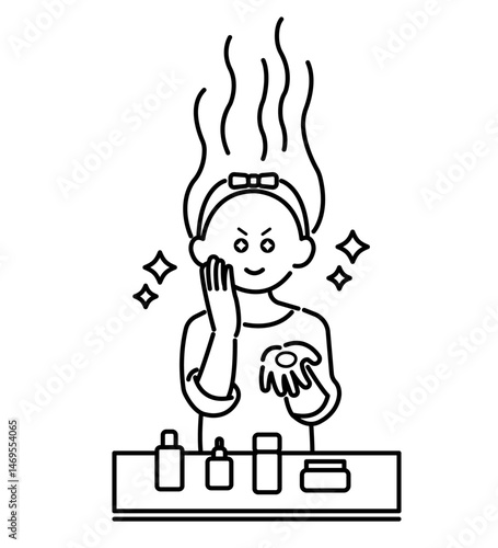 スキンケアに情熱を注ぐ女性のイラスト　線画のみ