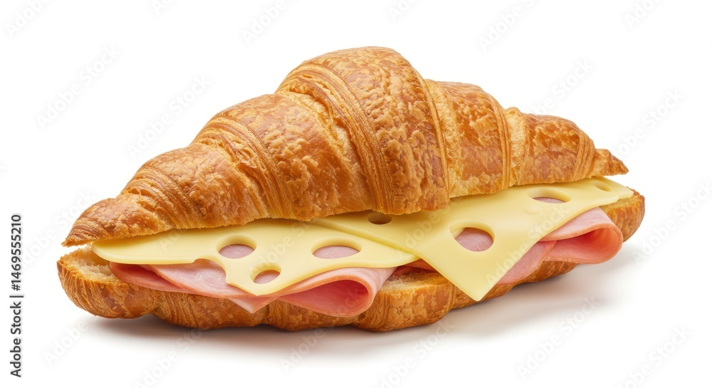Croissant sandwich with ham and cheese filling on a white background. Croissant sandwich with ham and cheese filling on a white background.