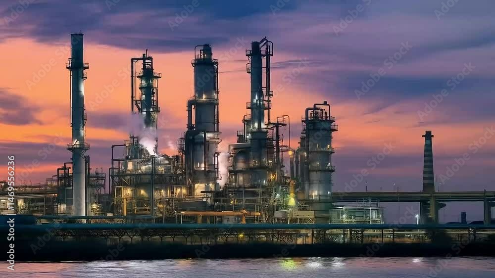 Industrial refinery complex illuminated against a vibrant sunset sky with water reflections Industrial refinery complex illuminated against a vibrant sunset sky with water reflections