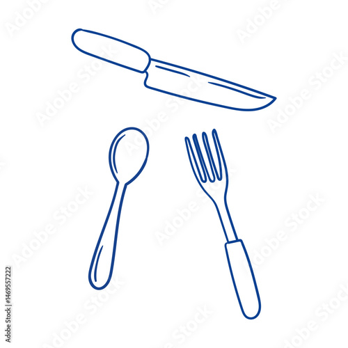 Kitchen utensils layout featuring a knife, fork, and spoon in simple line design style