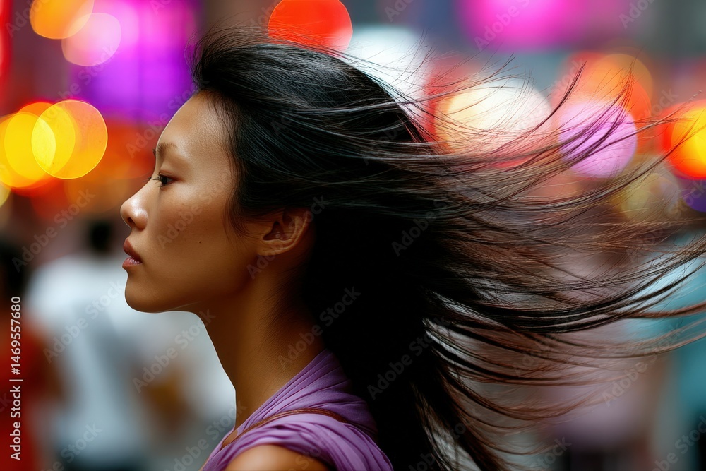 Woman with flowing hair in vibrant city lights at night Woman with flowing hair in vibrant city lights at night