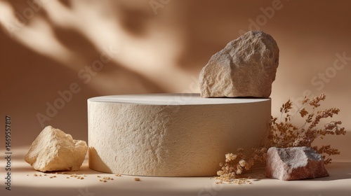 Minimalist stone podium on beige background with soft shadows, perfect for natural skincare product display