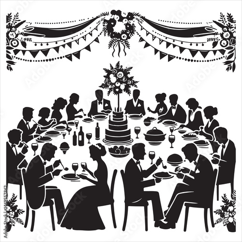 Celebratory Wedding Banquet Silhouettes Guests Eating and Mingling  , black colour vactor 
