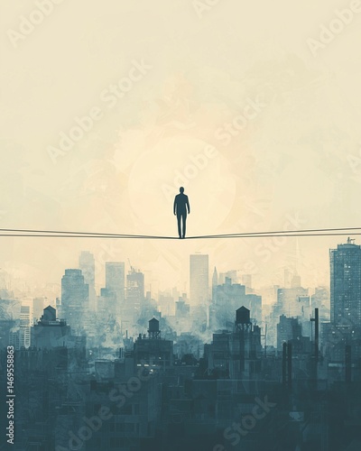 Conceptual artwork of solitary figures walking tightropes above abstract cityscapes, symbolizing social balance, isolation, and inequality, in a minimalist, textured style.