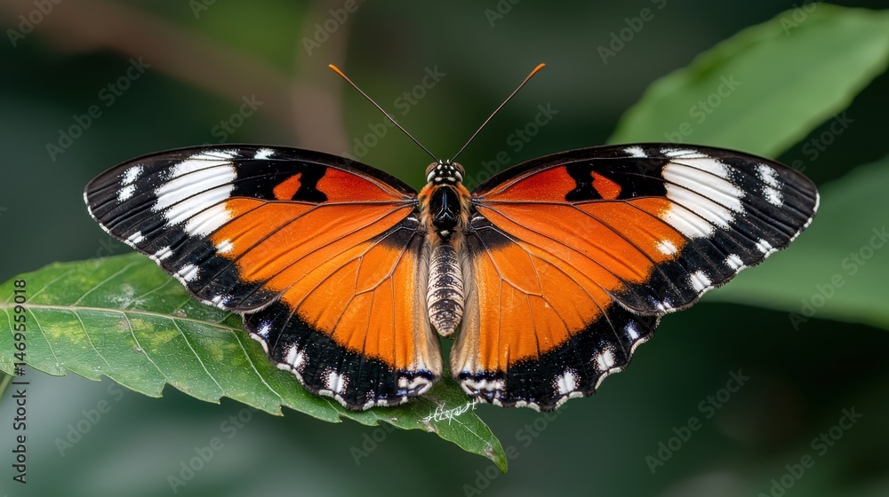 Fototapeta premium A butterfly with orange wings and black spots on a green leaf.