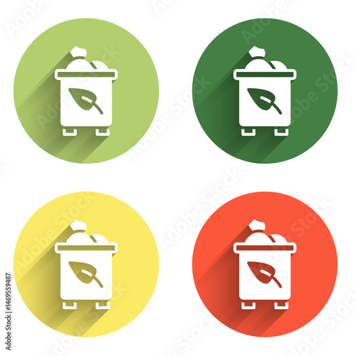 Set Recycle bin with recycle symbol icon isolated with long shadow background. Trash can icon. Garbage bin sign. Recycle basket. Color circle button. Vector