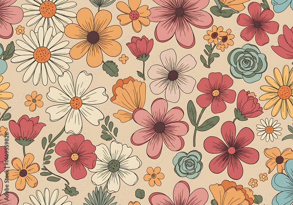 custom made wallpaper toronto digitalVintage Floral Delight: Retro Flower Pattern AI Generated