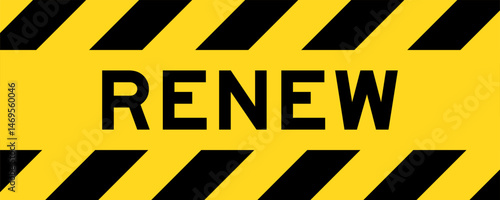 Yellow and black color with line striped label banner with word remew