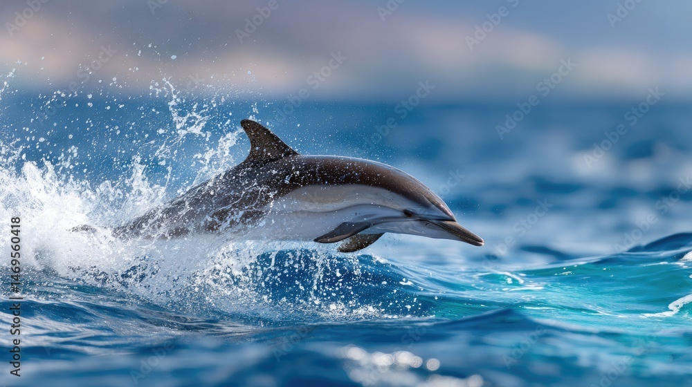 Obraz premium Playful striped dolphin making a splash as it jumps out of the ocean on a bright summer day