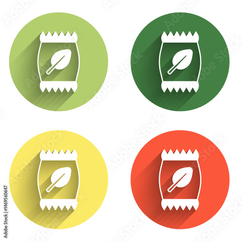Set Fertilizer bag icon isolated with long shadow background. Color circle button. Vector