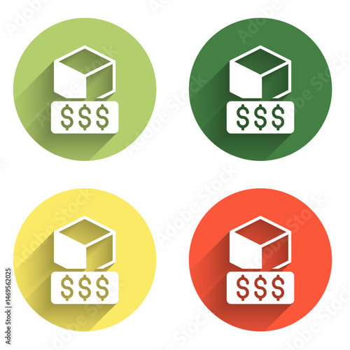 Set 3D printer services icon isolated with long shadow background. 3d printing. Color circle button. Vector
