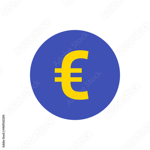 A yellow euro symbol with two horizontal lines centered on a blue circle on a white background view