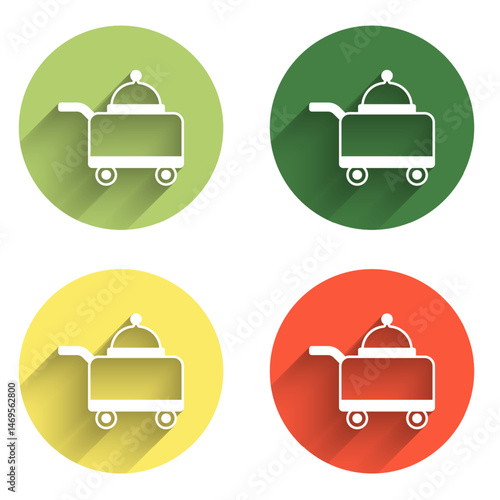 Set Covered with a tray of food icon isolated with long shadow background. Tray and lid sign. Restaurant cloche with lid. Color circle button. Vector