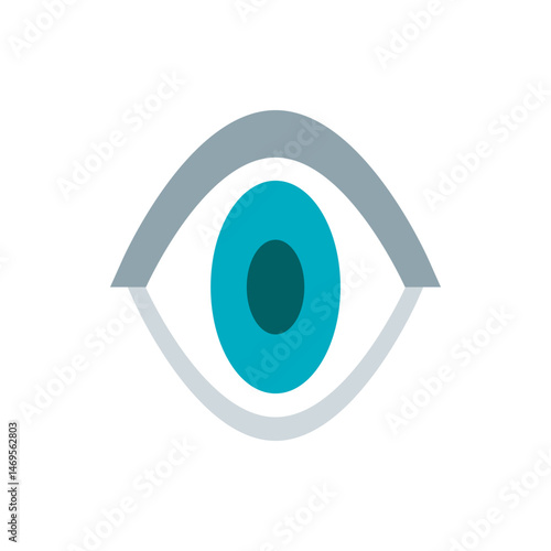 Illustration of a stylized eye with a teal iris and gray eyelid on a white background detail view