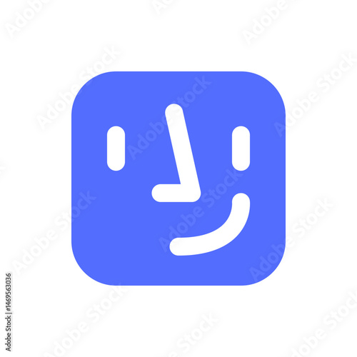 Stylized face icon inside a rounded blue square with minimalist white features and a playful expression