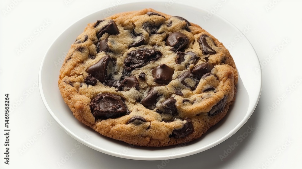 A chocolate chip cookie on a white plate. A chocolate chip cookie on a white plate.
