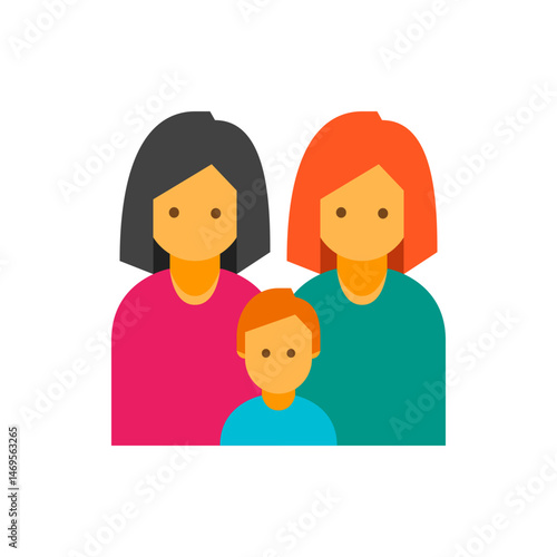 Illustration of two women with different hair colors and a child with orange hair in front view