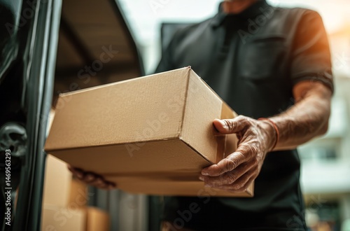 Delivery man carrying cardboard box package from van for home delivery