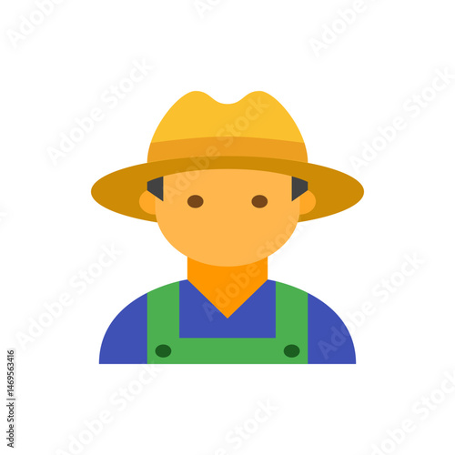 Illustration of a farmer with a yellow hat and blue overalls against a white background depiction style