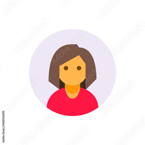 Illustration of a woman with brown hair and a red shirt on a light gray background inside a white circle