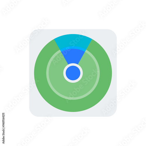 Illustration of a circular radar with green and blue sectors on a white background with rounded corners