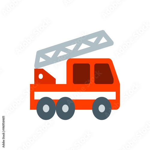 An illustration of a cartoon style fire truck with a ladder on top and a white stripe on the side