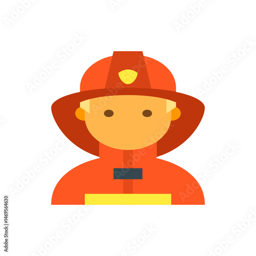 Illustration of a firefighter with an orange helmet and uniform against a white background design element