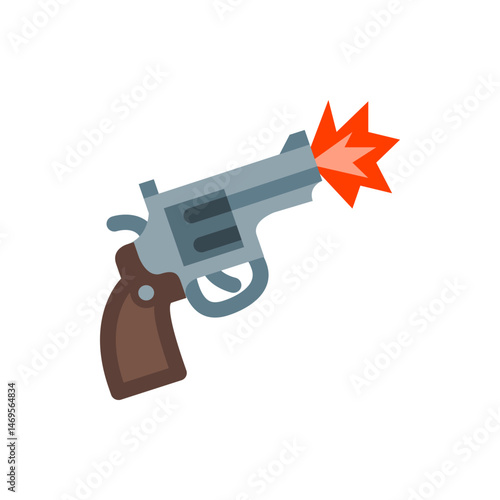 Illustration of a gray revolver with a brown handle firing a burst of orange muzzle flash on white background