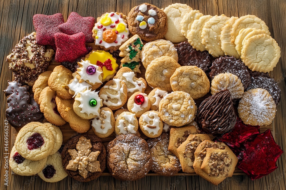 Fototapeta premium Christmas holiday cookies arranged in a festive assortment on rustic wooden background