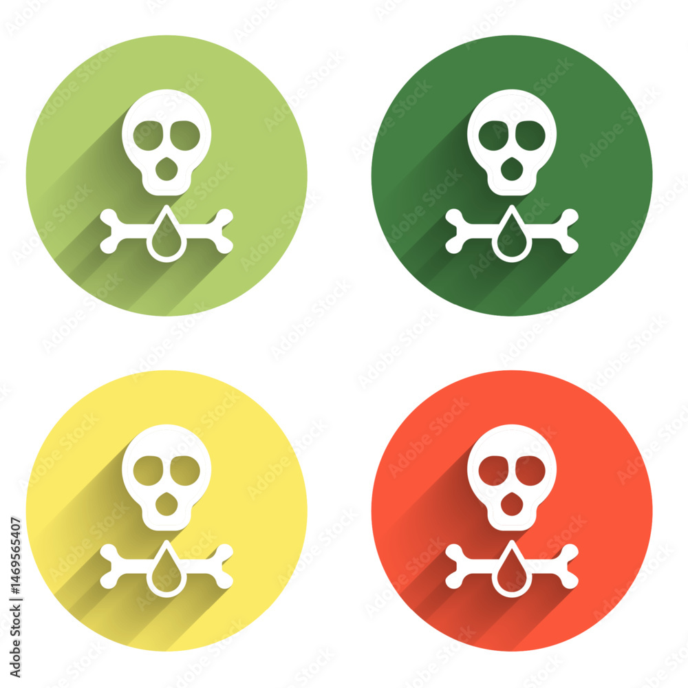 Set Bones and skull as a sign of toxicity warning icon isolated with long shadow background. Color circle button. Vector Set Bones and skull as a sign of toxicity warning icon isolated with long shadow background. Color circle button. Vector