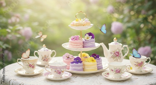 Wallpaper Mural Elegant Afternoon Tea Party Scene with Floral Macarons and Butterflies in a Garden Torontodigital.ca