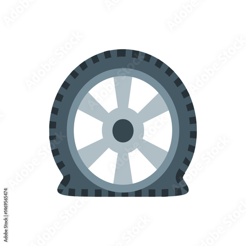 Illustration of a flat tire with a gray rim and a dark gray tire tread on a white isolated background