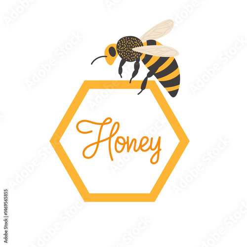 Bright bee perched on a hexagonal honeycomb with elegant lettering showcasing honey