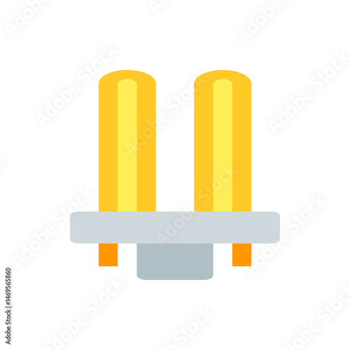 Illustration of a compact fluorescent light bulb with two tubes and a gray base fixture shown on white