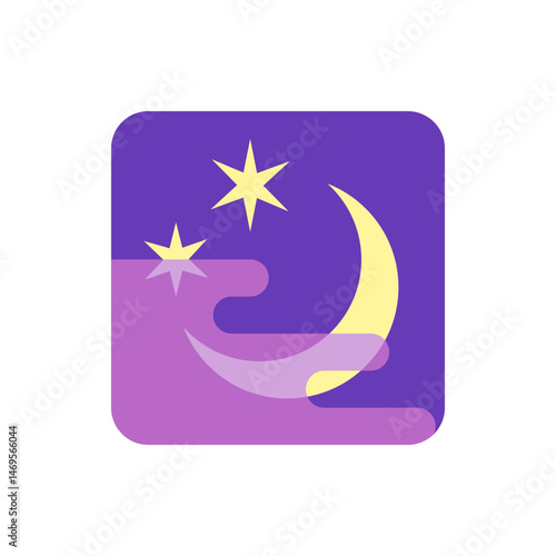 Illustration of a rounded square with a purple background featuring a moon and two stars in yellow tones