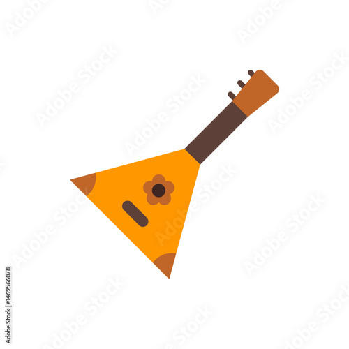 Illustration of a balalaika with an orange triangular body and brown neck and tuning pegs isolated