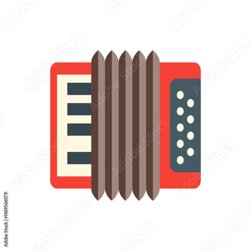 Illustration of a red and beige accordion with keys and buttons and a brown bellows in the center