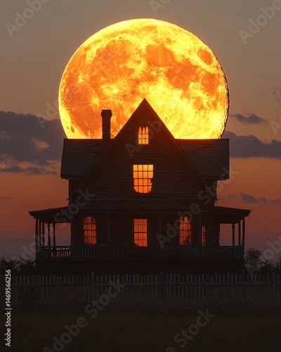 Haunted house under a fiery moon
